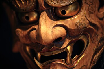 Intricate Japanese Oni Mask, golden accents, detailed woodcarving, fierce expression, traditional art, cultural artifact, demonic features, ornate design, Asian heritage, mythical creature