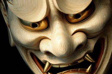 Intricate Japanese Oni Mask, golden accents, detailed woodcarving, fierce expression, traditional art, cultural artifact, demonic features, ornate design, Asian heritage, mythical creature