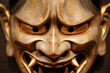 Intricate Japanese Oni Mask, golden accents, detailed woodcarving, fierce expression, traditional art, cultural artifact, demonic features, ornate design, Asian heritage, mythical creature