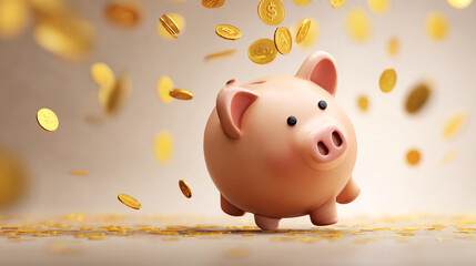 A pink piggy bank with gold coins falling around it on a neutral backdrop