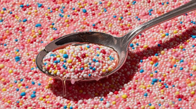 Colorful Sprinkles on a Spoon and Pink Background