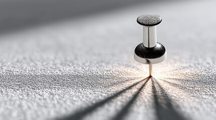 Close up of single metallic pushpin standing upright on textured surface casting long shadow with soft lighting creating calm and focused atmosphere