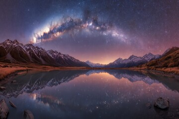 Milky Way arch over tranquil lake, reflecting stars and mountains at night. Scenic cosmic landscape with galaxy, water reflection, and dark sky.