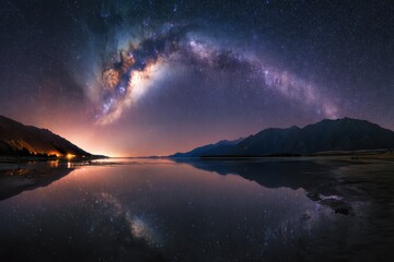 Milky Way arch over tranquil lake, reflecting stars and mountains at night. Scenic cosmic landscape with galaxy, water reflection, and dark sky.