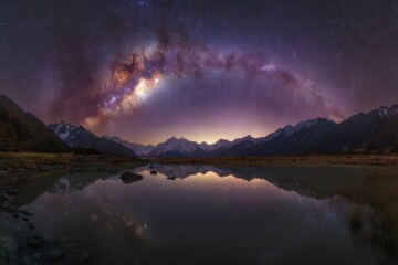 New Zealand South Island Milky Way Panorama with Mountain Reflection, Serene Night Sky Scene