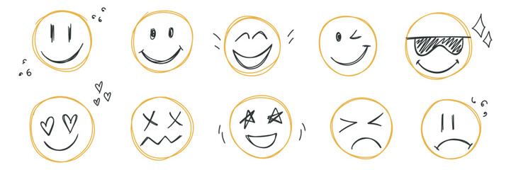 Doodle smile emoji face icon set. Kids hand drawn sketch. Emoticons with different emotion. Mood, confused, sad, happy, in love, smiling scribble. Freehand drawing comic isolated vector illustration