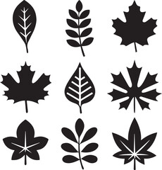 leaves silhouette vector set, set of leaves illustration vector, leaves vector black and white
