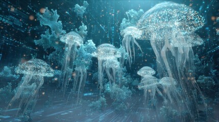 Glowing Jellyfish in Vibrant Coral Reef Ecosystem with Luminous Underwater Fantasy World, Purple Blue Pink Hues