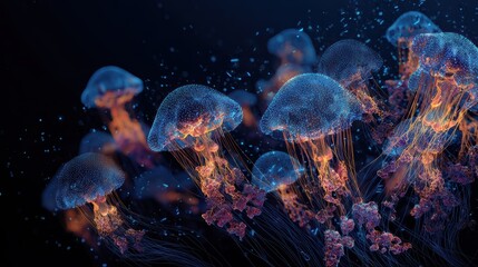 Glowing Jellyfish in Vibrant Coral Reef Ecosystem with Luminous Underwater Fantasy World, Purple Blue Pink Hues