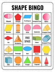 Colorful 2D and 3D Shapes Bingo Game for Kids – Learn Geometry I Math, Printable Educational Activity