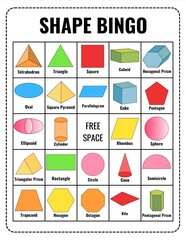 Colorful 2D and 3D Shapes Bingo Game for Kids – Learn Geometry I Math, Printable Educational Activity