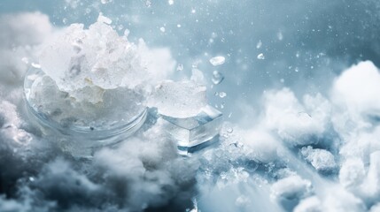 Crystalline ice spheres with vapor, floating over frosty surface in cool blue tones. Frozen texture, misty ambiance, and translucent bubbles create a refreshing, icy scene