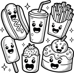 A delightful coloring page of happy food characters. This kawaii doodle features a cheerful hot dog, fries, soda, cake, and an ice cream bar, all with joyful expressions ready to be colored.