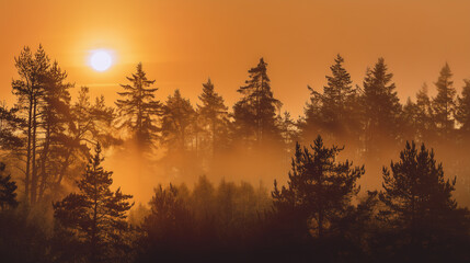 Sunrise over misty forest with warm orange tones creating peaceful morning atmosphere and soft light filtering through tall pine trees in nature