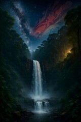 Grojogan Sewu waterfall of Karanganyar: Java’s Natural Wonder in a Cosmic Batik Symphony"
