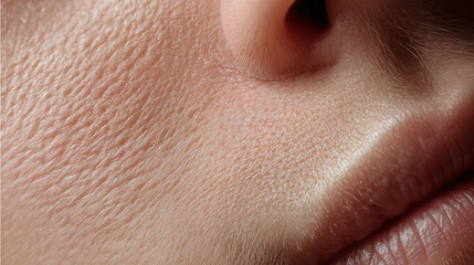 Obraz premium Skin texture macro with subtle peach fuzz and no blemishes, showing natural pores and fine hair on smooth skin near nose and lips in soft lighting