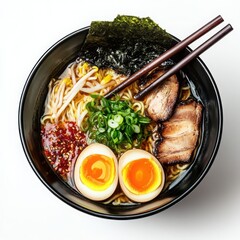 Delicious Ramen Bowl with Pork Chashu Soft Boiled Eggs and Nori