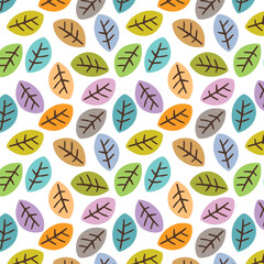 Colorful Leaves on White Background in Cartoon Style.