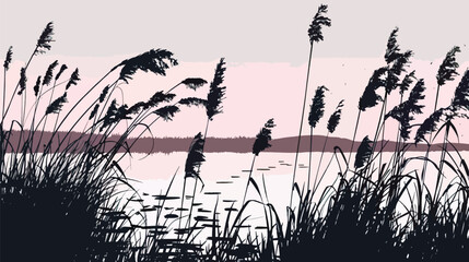 Reeds swaying by a lakeside. silhouette illustration