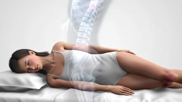 A clean 3D animation showing a human figure lying in an awkward sleeping position on a bed - the body is twisted, the neck is unsupported, the spine is unnaturally bent. The scene transitions to an X-