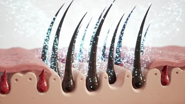 scientific 3D animation showing the effect of lotion/serum/treatment on hair follicles in a cross-section of the epidermis