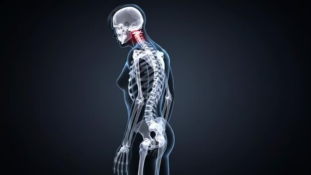 A clean 3D animation showing a human figure lying in an awkward sleeping position on a bed - the body is twisted, the neck is unsupported, the spine is unnaturally bent. The scene transitions to an X-