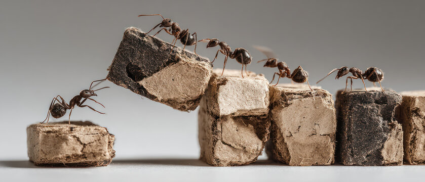 Ant inspired teamwork shows sustainable business growth in natural ecosystem with ants carrying soil blocks in cooperative effort.