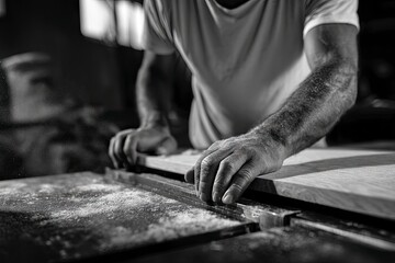Close-up of a carpenter's hand guiding a piece of wood through a table saw, black and white lighting