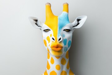 Surreal hybrid portrait merging human with giraffe features, showcasing vivid colors against a neutral backdrop