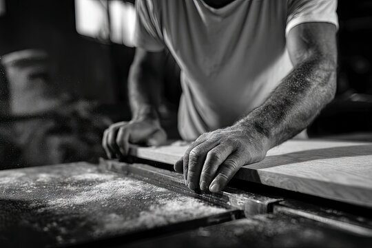 Close-up of a carpenter's hand guiding a piece of wood through a table saw, black and white lighting