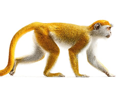 An adult patas monkey walks forward on a white surface with its tail raised against a neutral background.