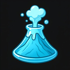 A cartoon-like depiction of a volcano eruption with blue liquid and steam
