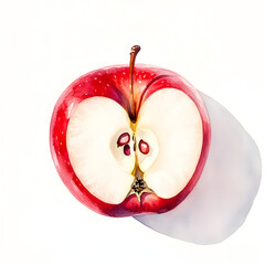 A watercolor painting of a red apple sliced in half, showing its core and seeds.
