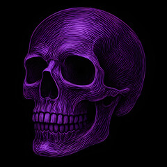 A purple line art drawing of a human skull on a black background