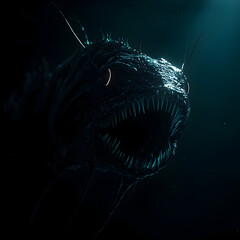 A close-up of a deep-sea anglerfish with glowing eyes