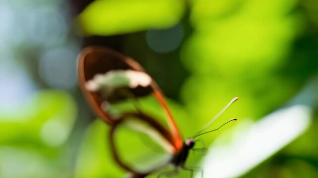 Close-up of a Glasswing butterfly resting on a green leaf in a vibrant garden environment with translucent wings, natural light, and soft bokeh