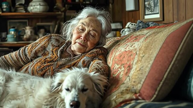Senior woman sleeping with her dog on the couch, enjoying relaxation and lifestyle in peaceful home - Powered by Adobe