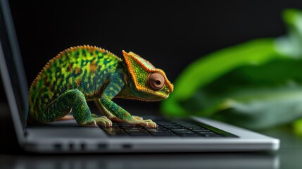 Colorful chameleon exploring digital frontiers on a modern laptop keyboard