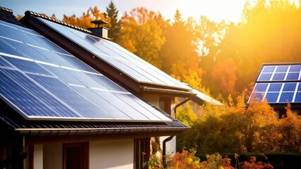 Two family houses with solar panels on roof in autumn with trees under sunny sky.