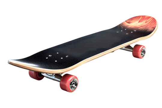 Isolated skateboard on black backdrop showcasing extreme sport equipment