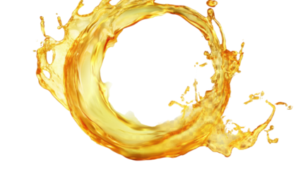 Splash of olive or engine oil forming circular shape with flowing liquid motion texture and glossy surface isolated on white background