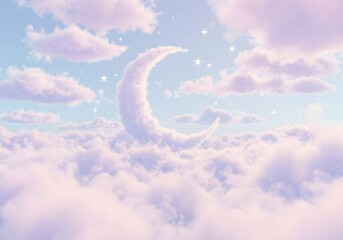 Dreamy pastel sky with a crescent moon cloud formation among fluffy clouds and stars
