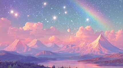 Dazzling valleys under cosmic skies reveal trans-Neptunian wonders in a fairycore futurism dreamscape featuring stunning pastel hues