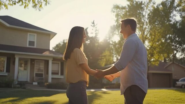 Harmony of Home and Heart: A tender moment unfolds as a couple shares a loving glance in front of their new house, bathed in the soft glow of the setting sun, symbolizing a new chapter in their lives.