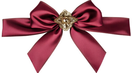 red bow with gold gold center on burgundy ribbon on white background