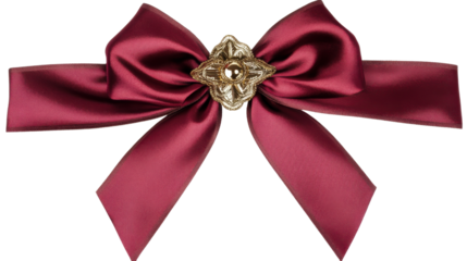 red bow with gold gold center on burgundy ribbon on white background