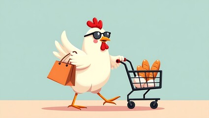 Cool Chicken Grocery Shopping Illustration of a Stylish Hen with Shopping Cart and Bags