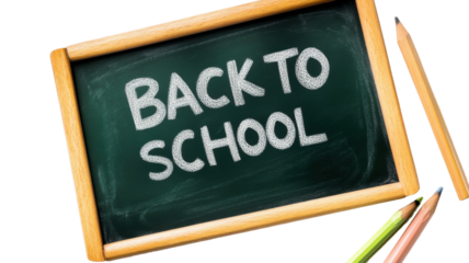 School blackboard with handwritten back to school text isolated on white background