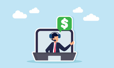 Businessman inside a laptop screen wear headphones share something that triggers a chat dialog with a dollar symbol representing discussion about business financial management illustration