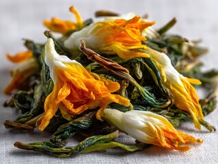 A vibrant pile of dried lily buds displays its yellow and white petals and green stems on a grey surface.